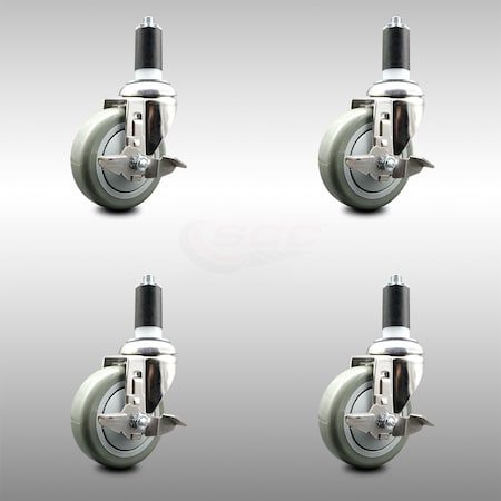 Service Caster 4 Inch 316SS Gray Poly Swivel 1-1/4 Inch Expanding Stem Caster Set Brake SCC SCC-SS316EX20S414-PPUB-TLB-114-4